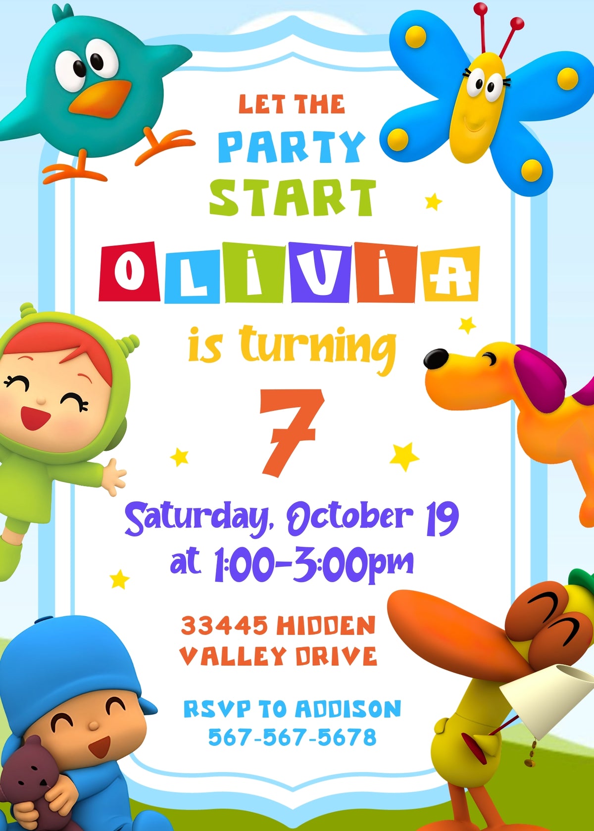 Pocoyo Blue Frame Birthday Invitation - Editable 5×7