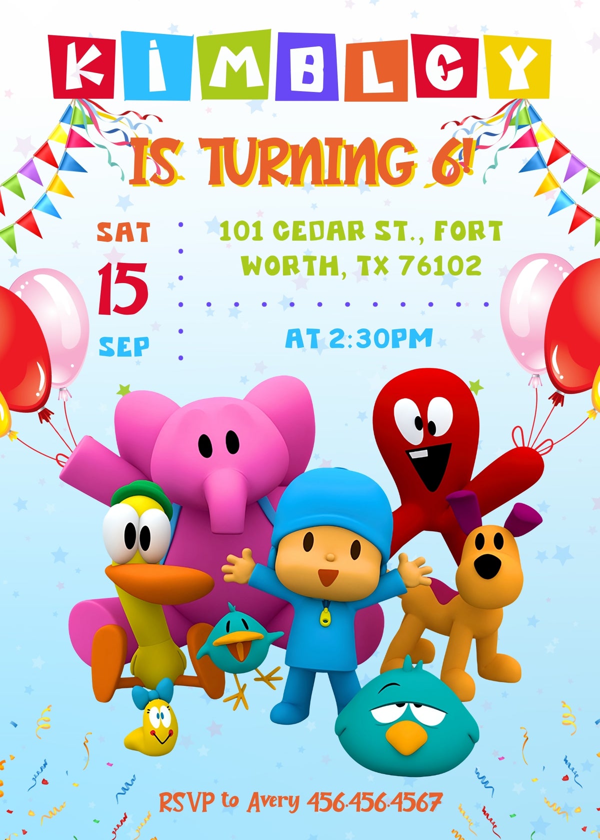 Pocoyo Friends and Balloons Birthday Invitation; editable 5×7-inch invitation front preview.