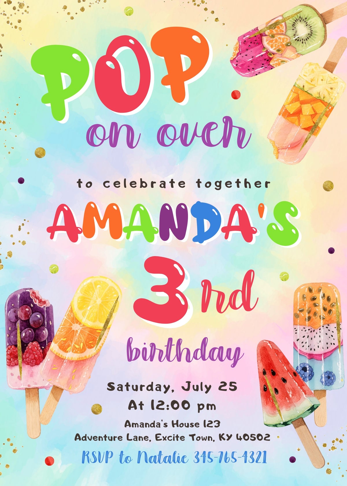 Watercolor Fruit Popsicle Birthday Invitation - Editable 5×7