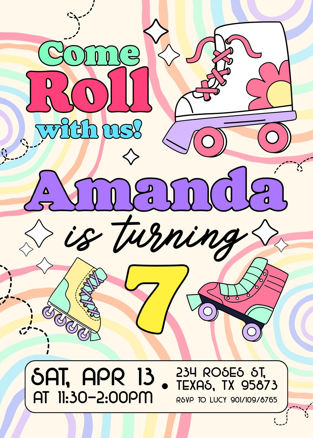 Pastel Swirl Roller Skating Birthday Invitation - Editable 5×7