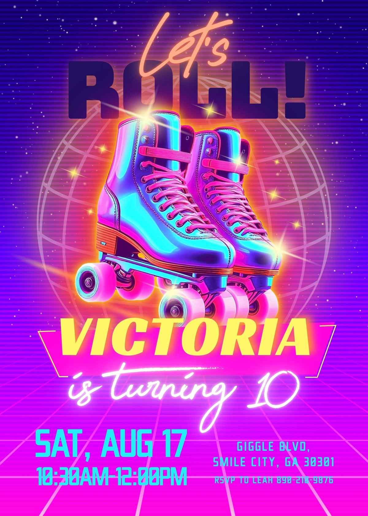 Neon Roller Skates Birthday Invitation; editable 5×7-inch invitation front preview.