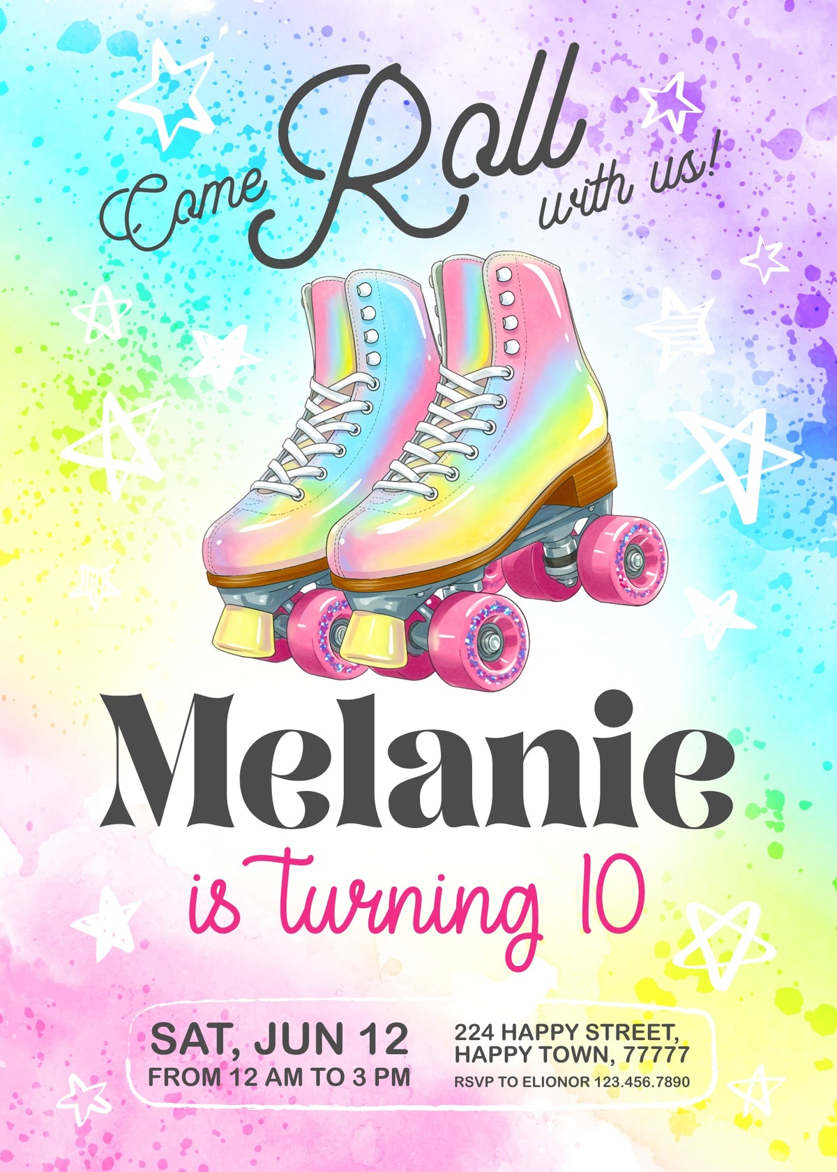 Pastel Rainbow Roller Skates Birthday Invitation; editable 5×7-inch invitation front preview.