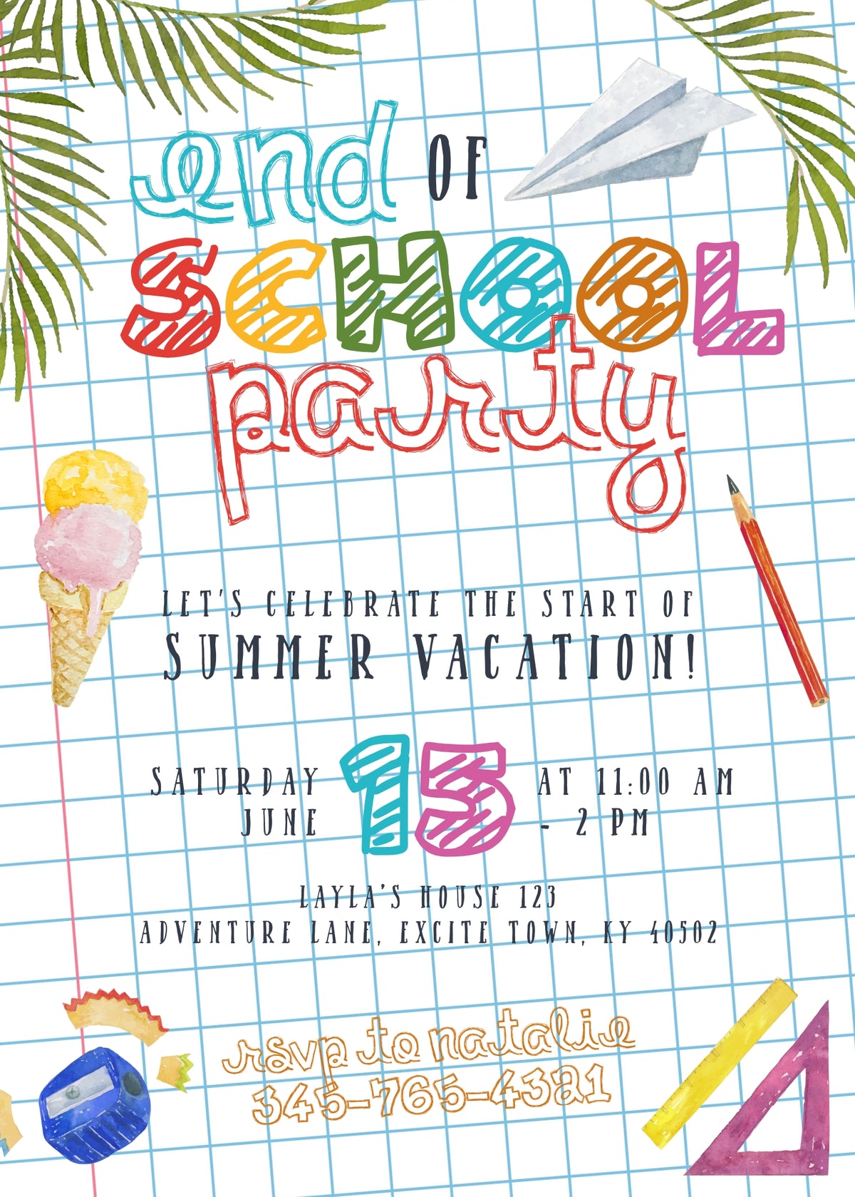 Notebook Paper Airplane End of School Party Invitation - Editable 5×7