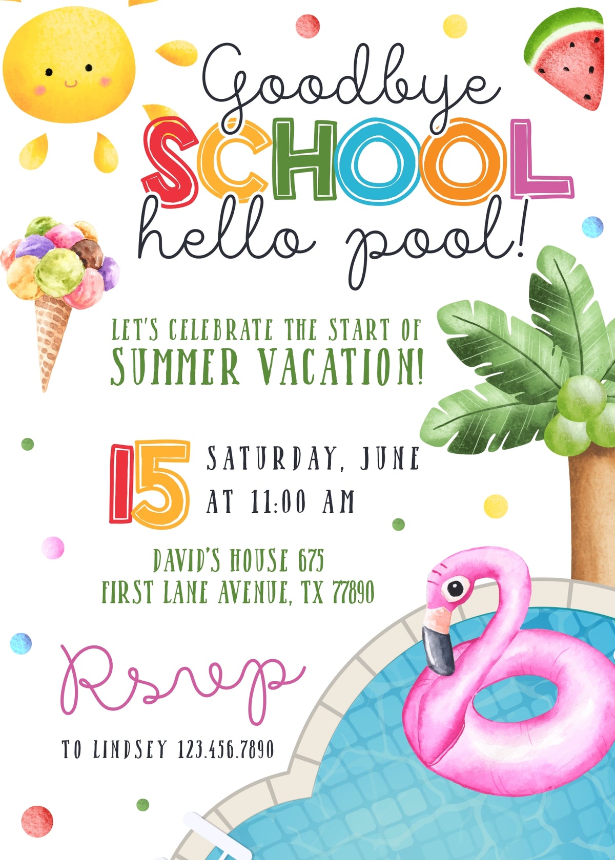 Flamingo Float End of School Pool Party Invitation - Editable 5×7