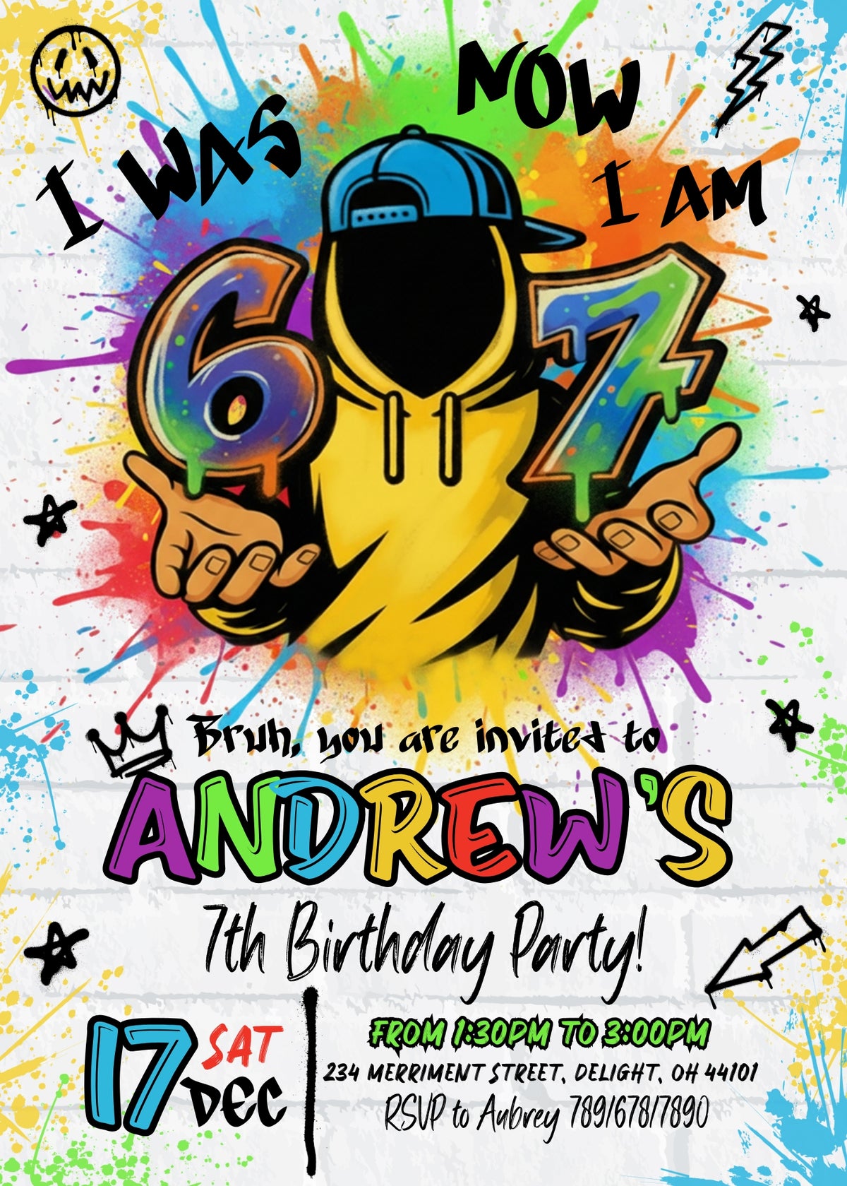 Six Seven Graffiti Hoodie Birthday Invitation - Editable 5×7