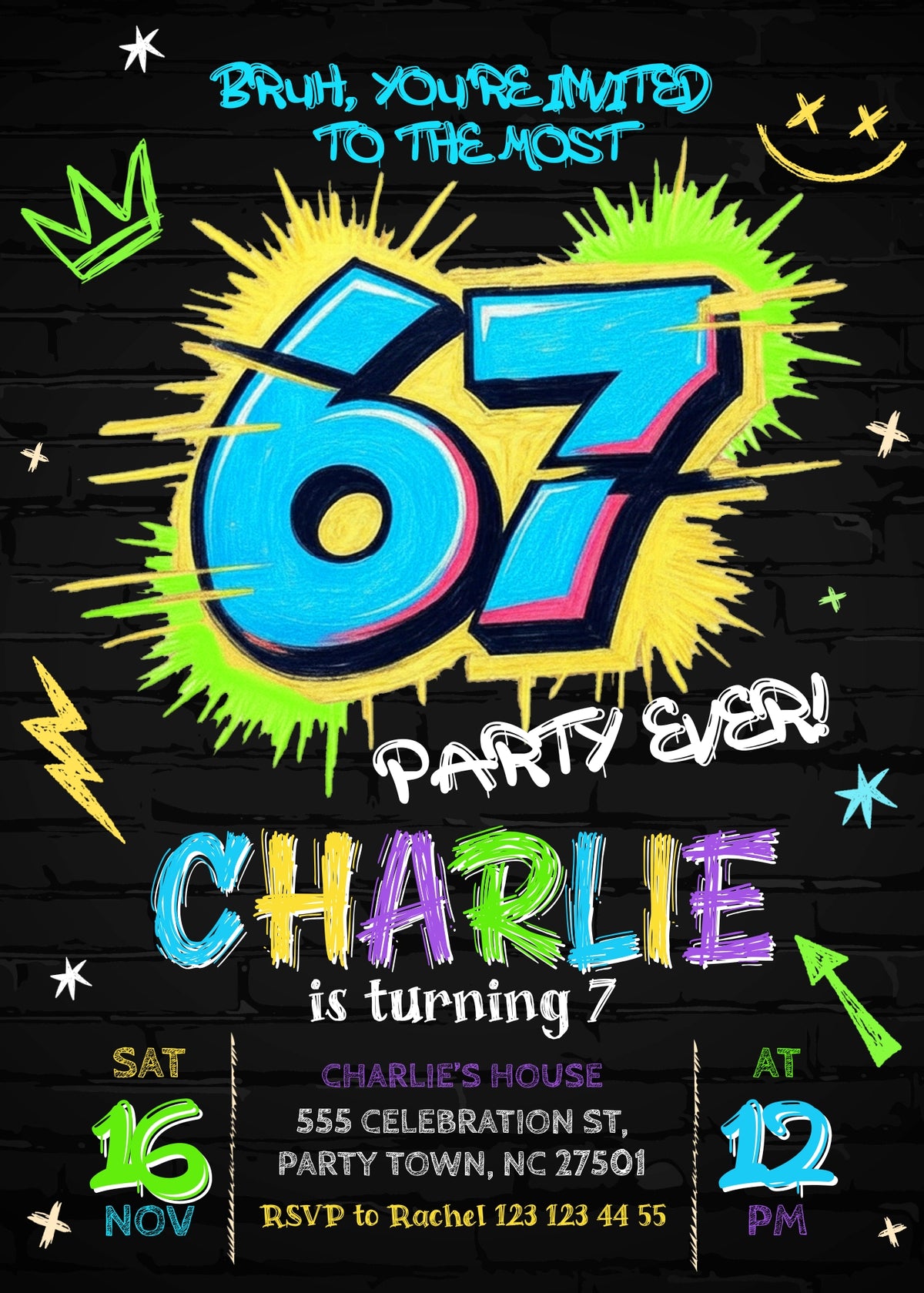 Six Seven Neon Brick Graffiti Birthday Invitation - Editable 5×7
