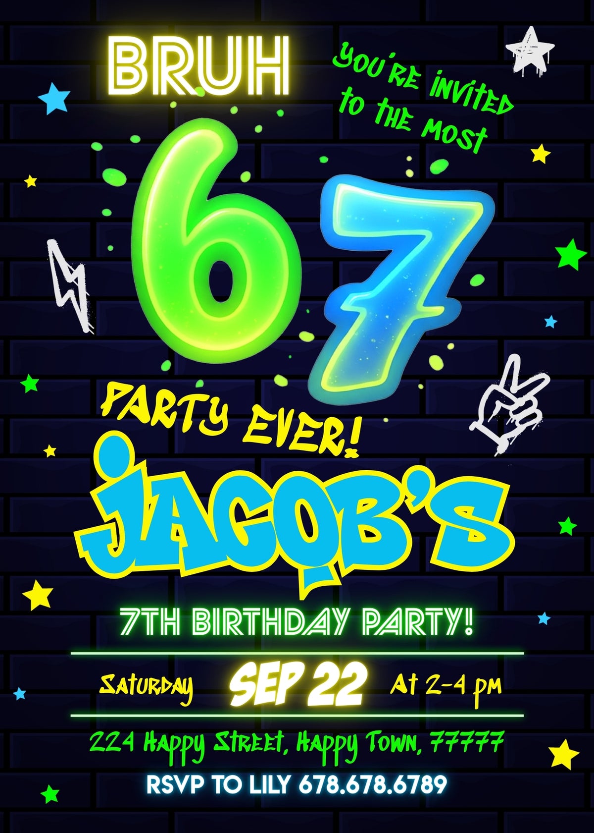Six Seven Neon Brick Wall Birthday Invitation; editable 5×7-inch invitation front preview.