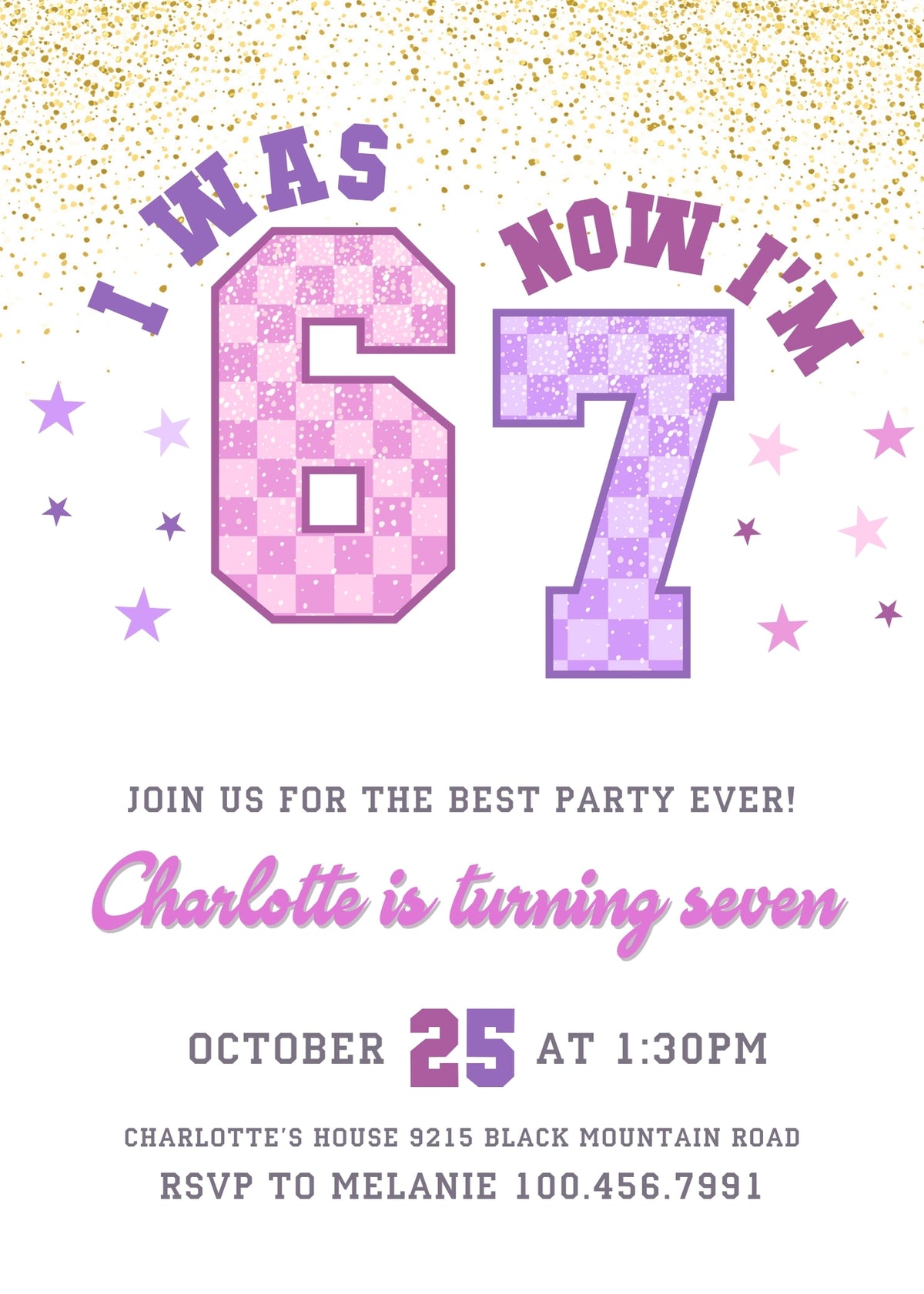 Six Seven Lavender Checkerboard Seventh Birthday Invitation; editable 5×7-inch invitation front preview.