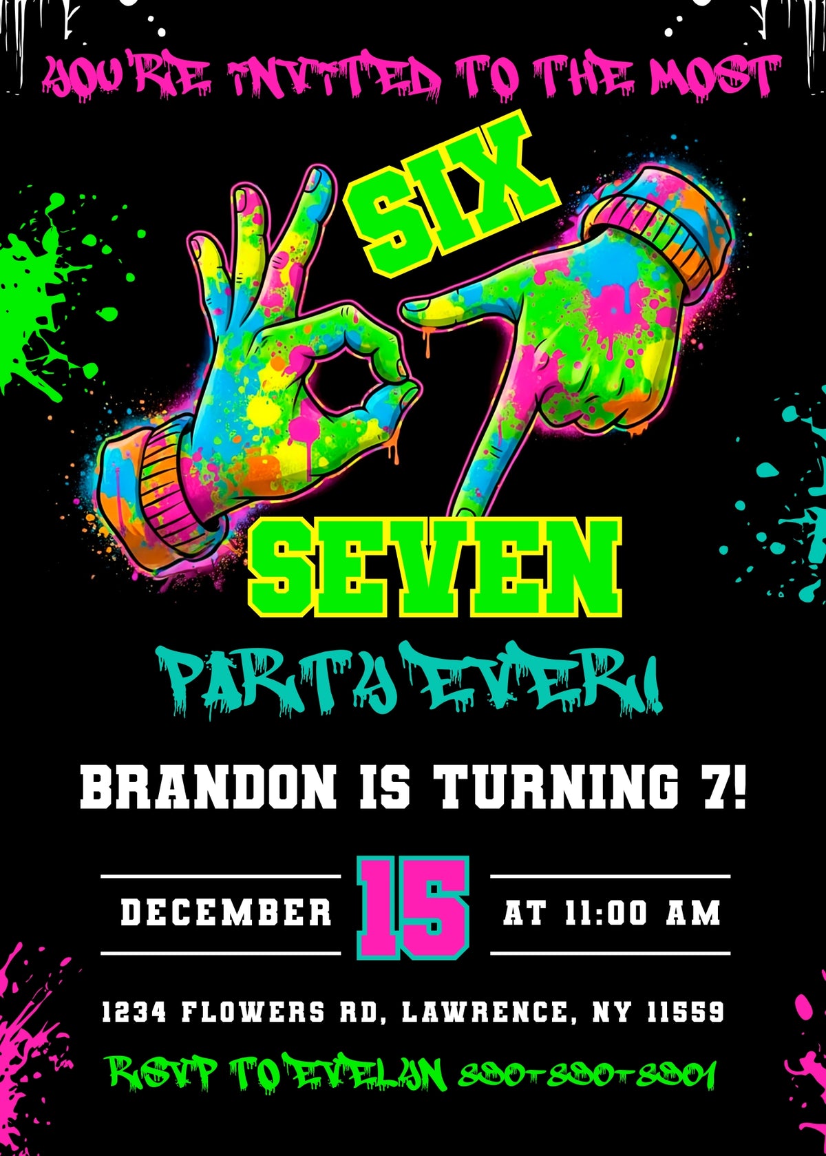 Six Seven Neon Hand Signs Birthday Invitation; editable 5×7-inch invitation front preview.