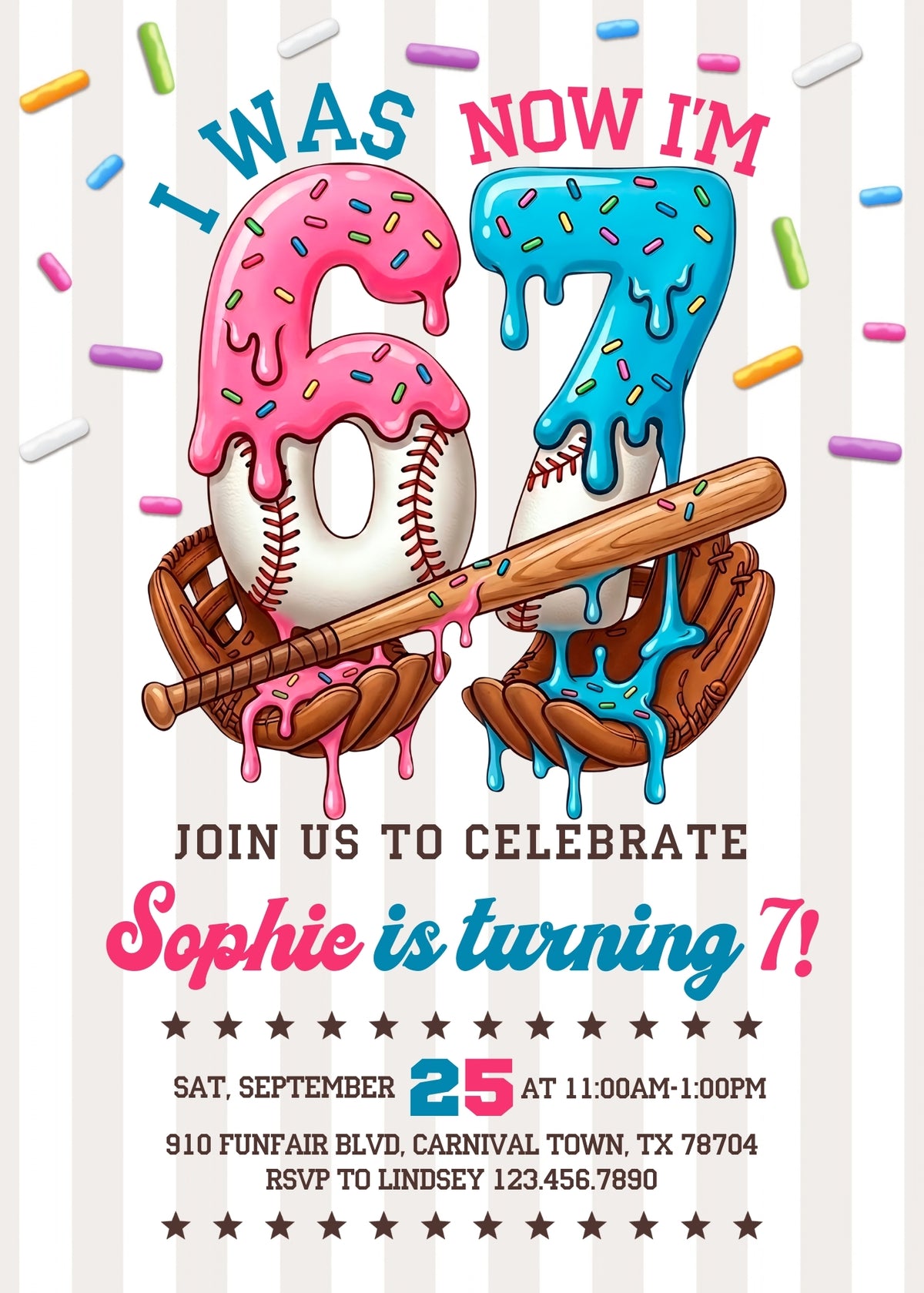 Six Seven Sprinkle Baseball Birthday Invitation - Editable 5×7