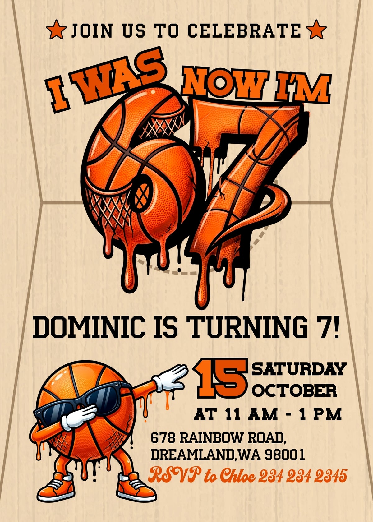 Six Seven Basketball Court Birthday Invitation - Editable 5×7