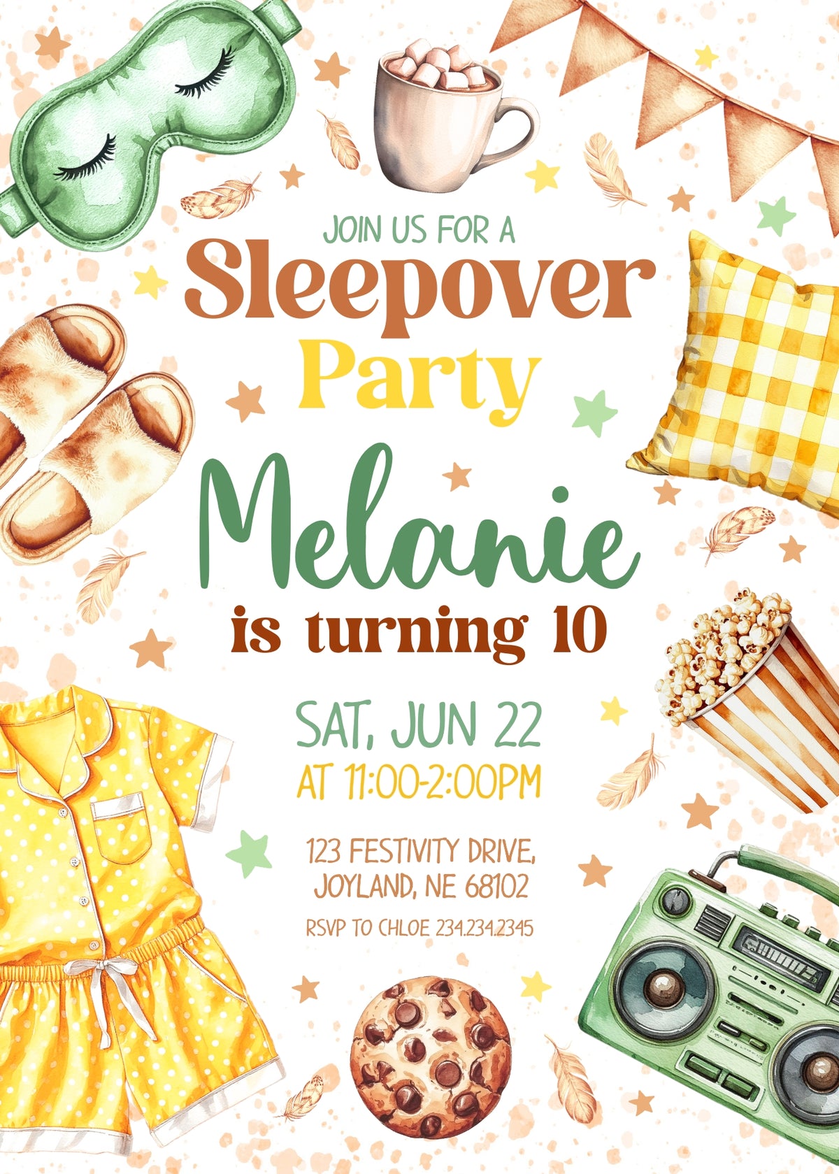 Golden Gingham Sleepover Birthday Invitation - Editable 5×7
