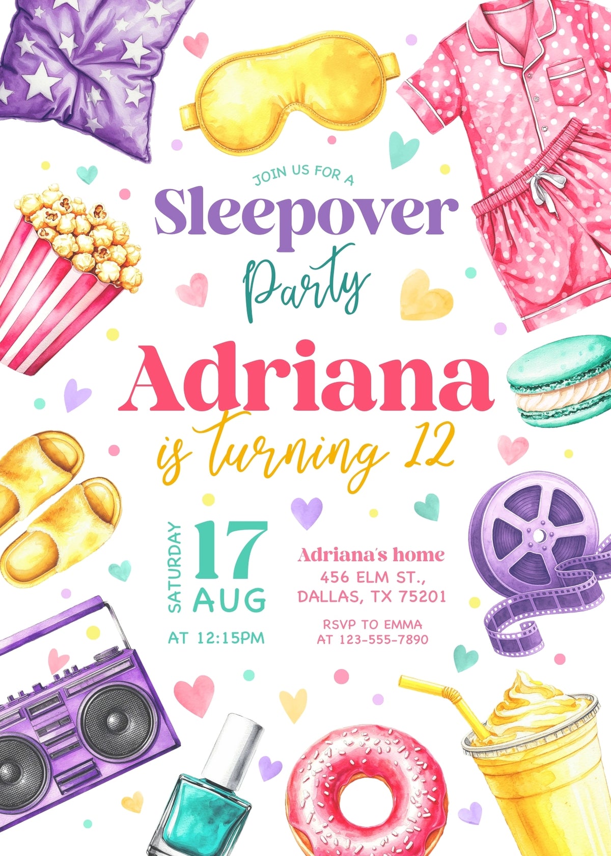 Pink Pajamas Sleepover Birthday Invitation - Editable 5×7