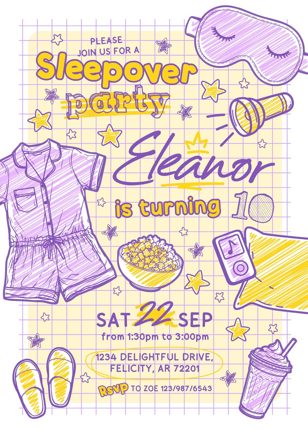 Purple Doodle Sleepover Birthday Invitation; editable 5×7-inch invitation front preview.