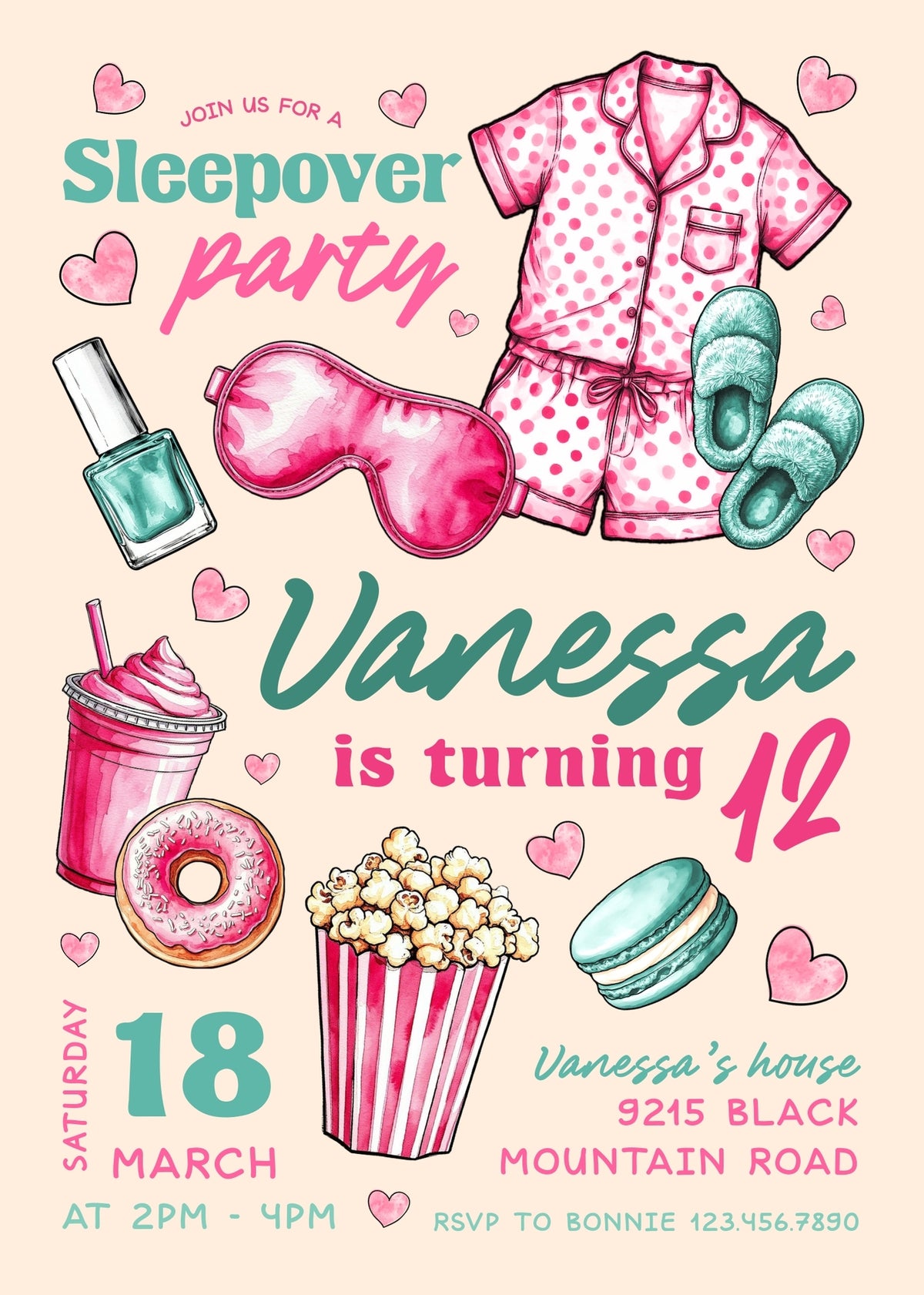Pink and Mint Sleepover Birthday Invitation; editable 5×7-inch invitation front preview.
