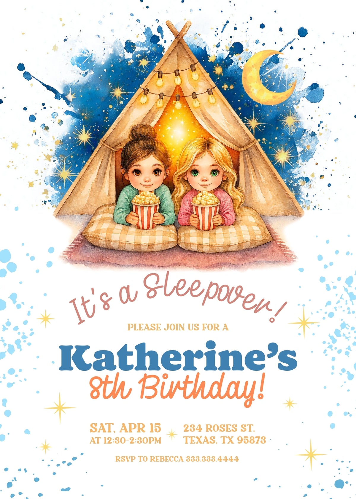 Starlit Tent Sleepover Birthday Invitation; editable 5×7-inch invitation front preview.