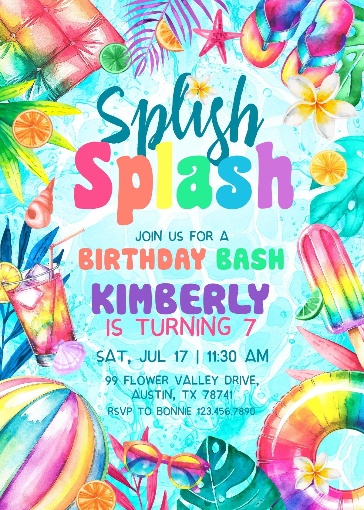 Splish Splash Watercolor Beach Birthday Invitation - Editable 5×7