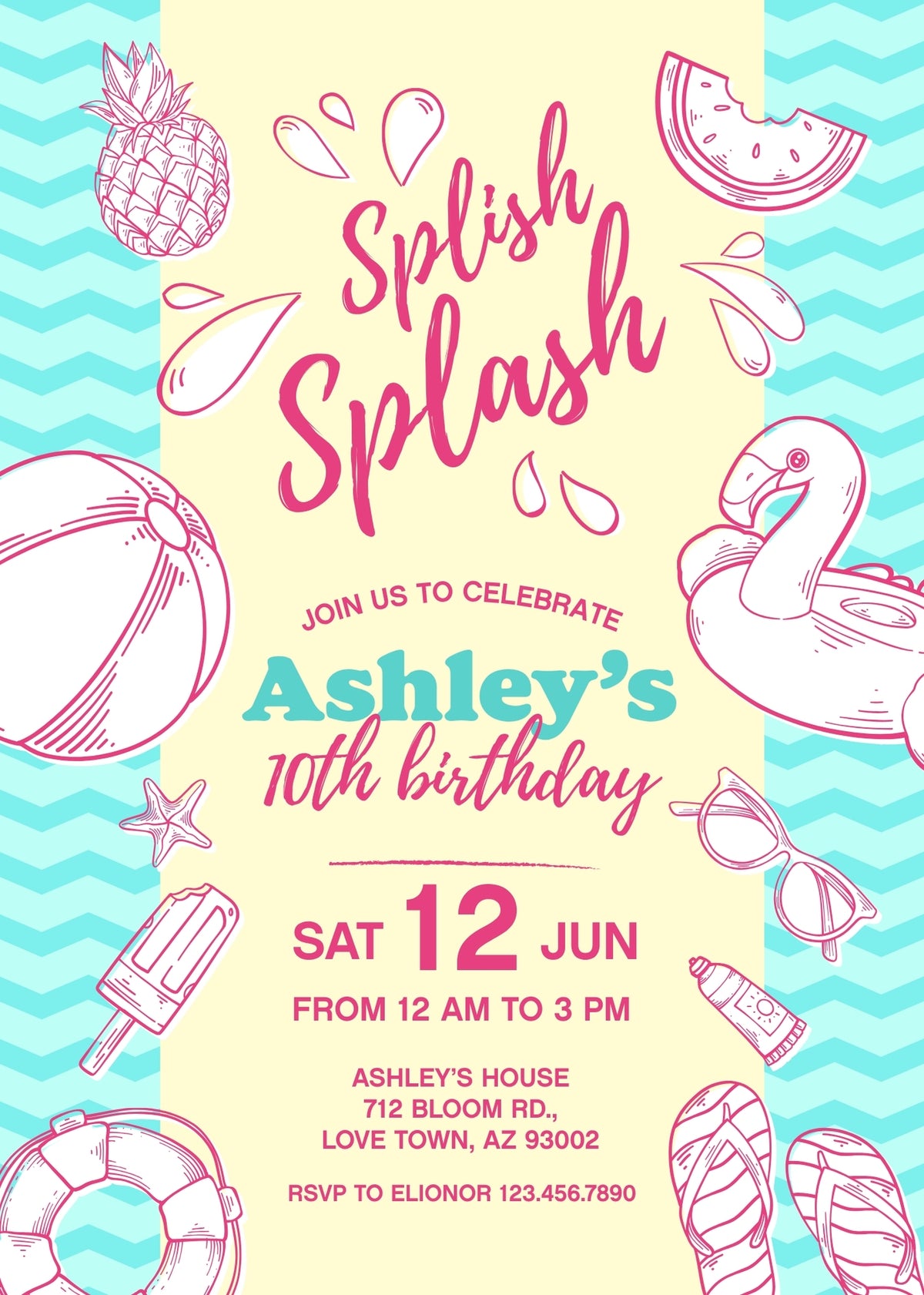 Pink Line-Art Splish Splash Birthday Invitation; editable 5×7-inch invitation front preview.