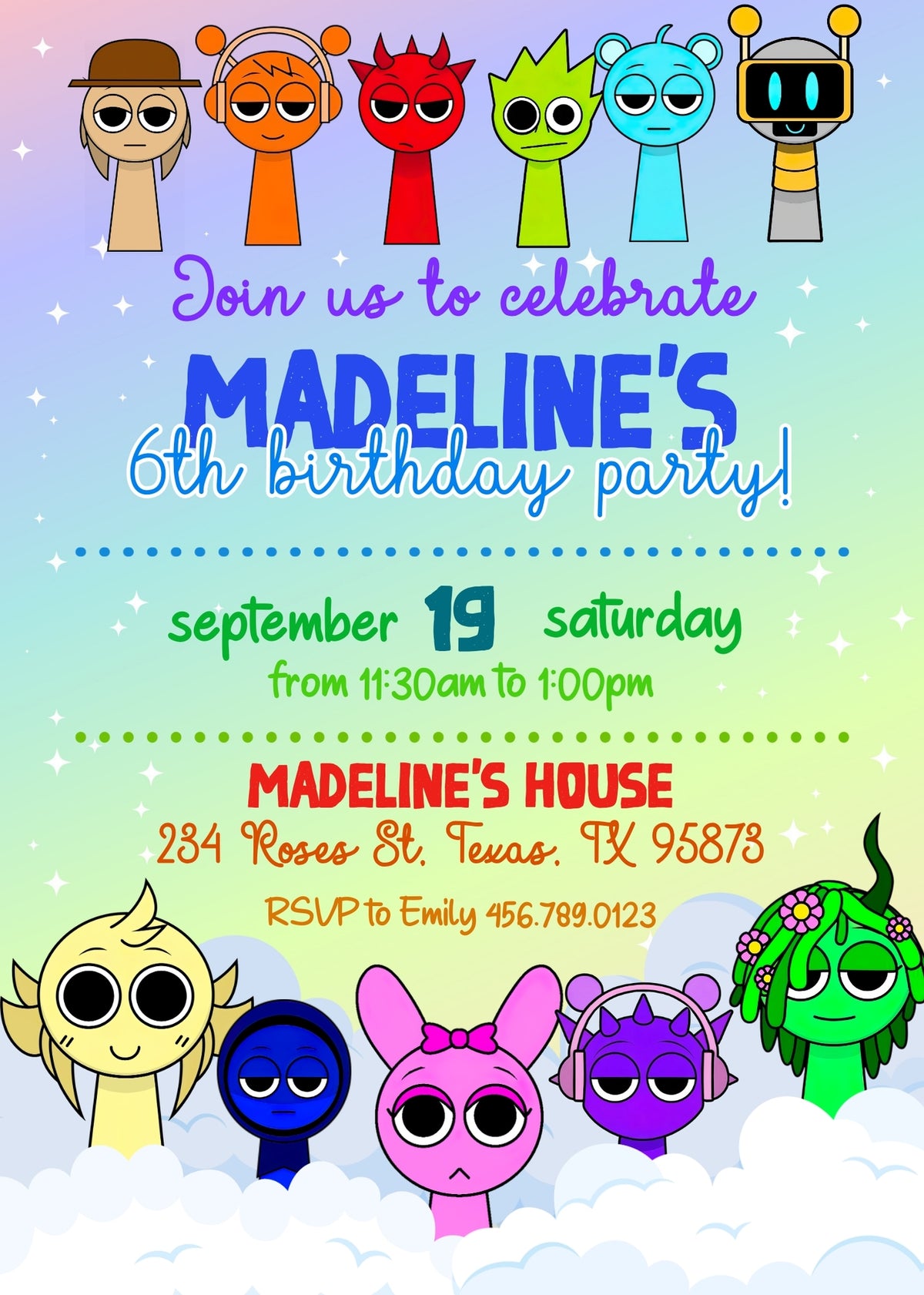 Sprunki Pastel Rainbow Clouds Birthday Invitation - Editable 5×7