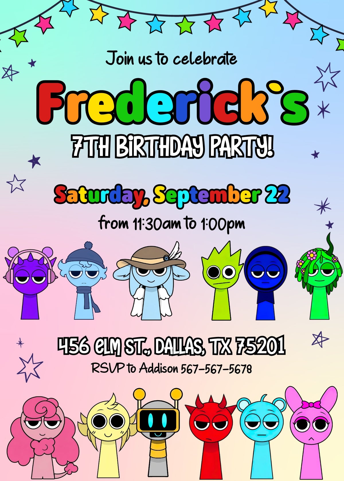 Sprunki Pastel Character Rows Birthday Invitation; editable 5×7-inch invitation front preview.