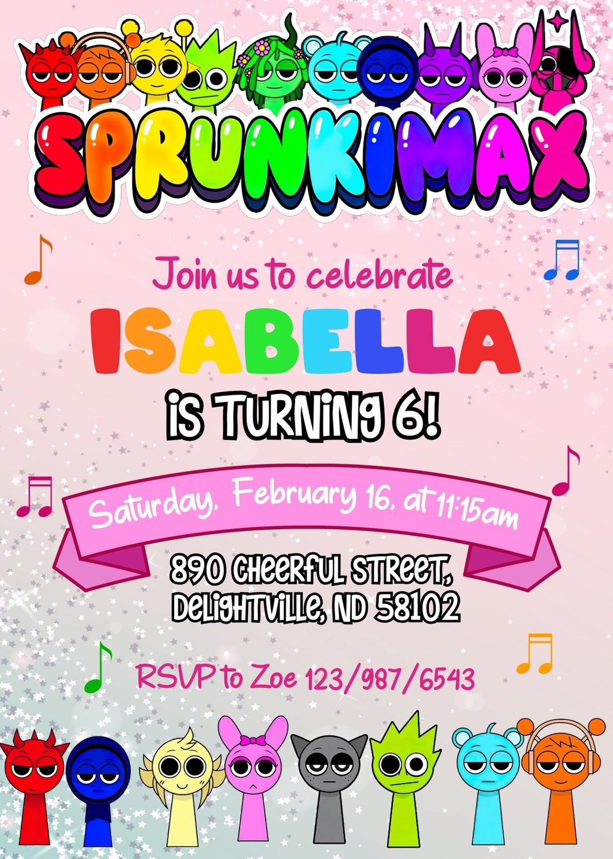 SprunkiMax Pink Music Birthday Invitation; editable 5×7-inch invitation front preview.