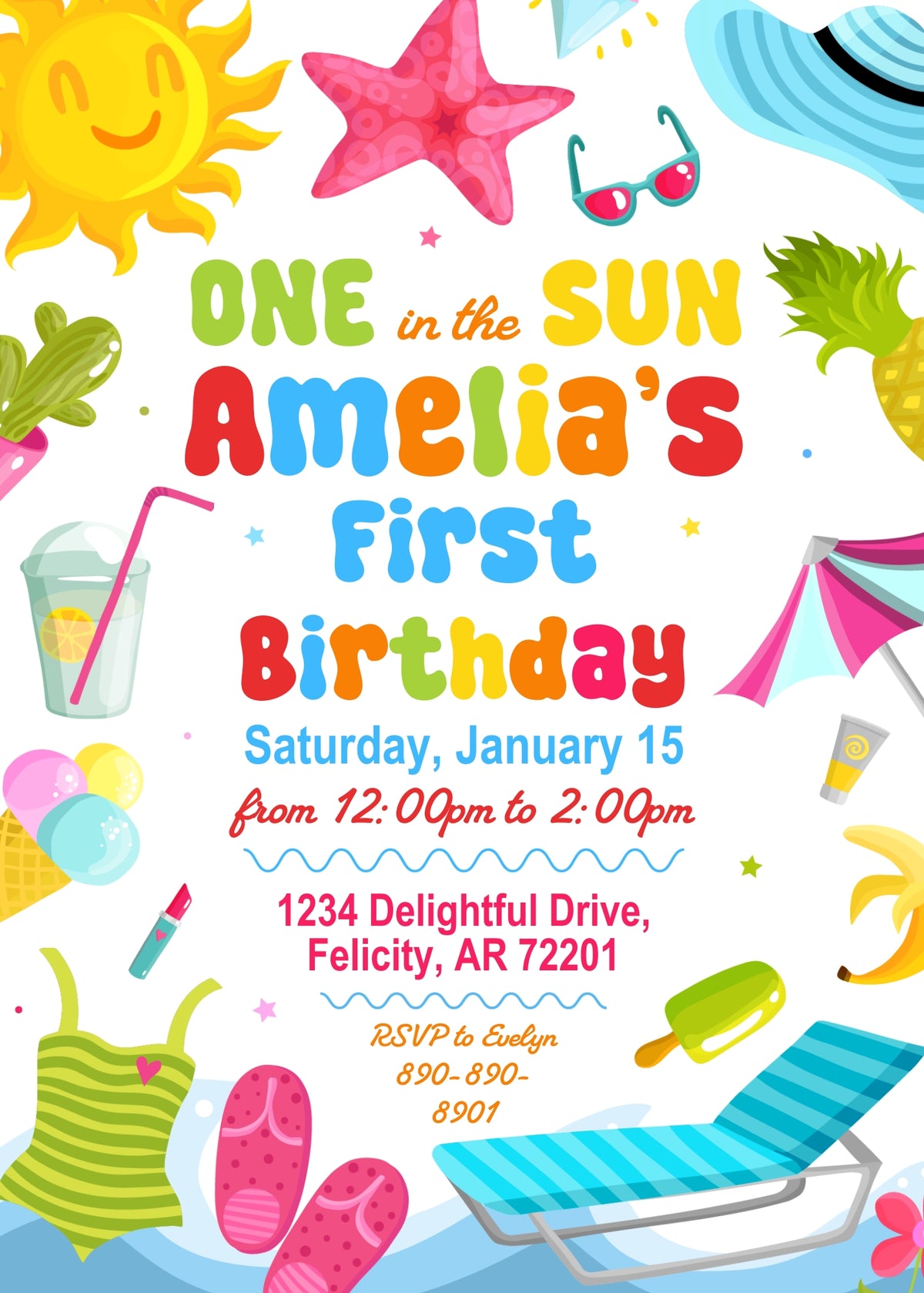 One in the Sun Starfish First Birthday Invitation; editable 5×7-inch invitation front preview.