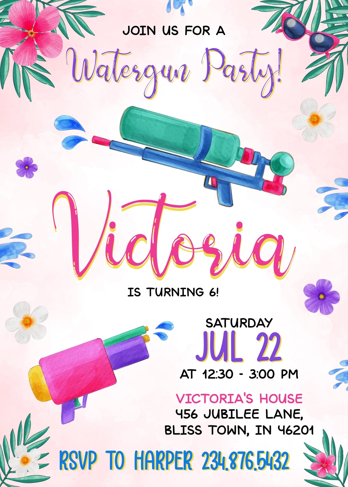 Water Gun Tropical Flowers Birthday Invitation - Editable 5×7