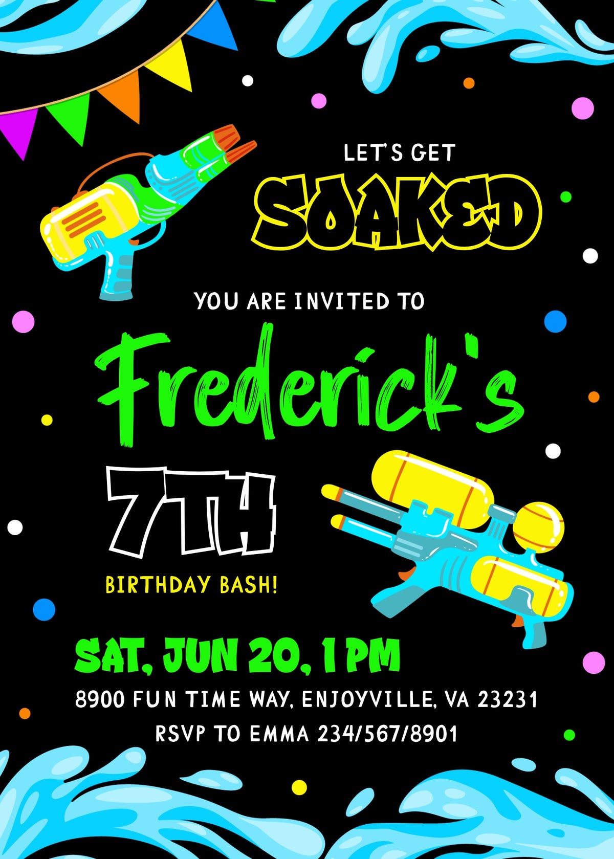 Bright Water Guns Splash Birthday Invitation; editable 5×7-inch invitation front preview.