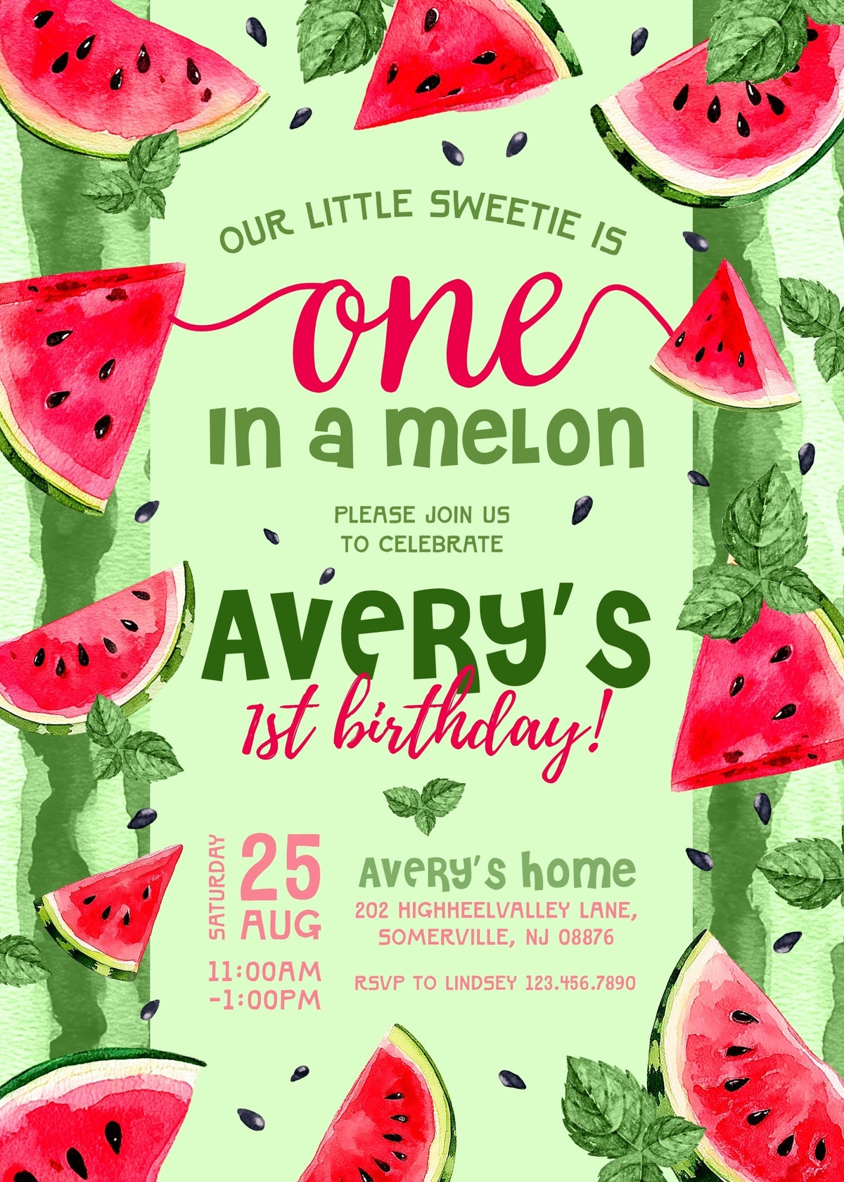 One in a Melon Green Watermelon Birthday Invitation - Editable 5×7