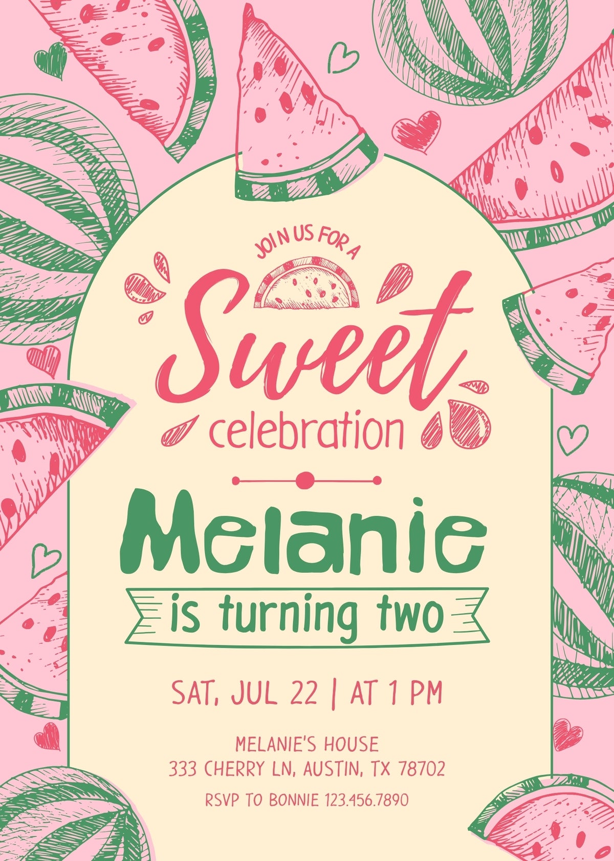 Pink Watermelon Sketch Birthday Invitation; editable 5×7-inch invitation front preview.