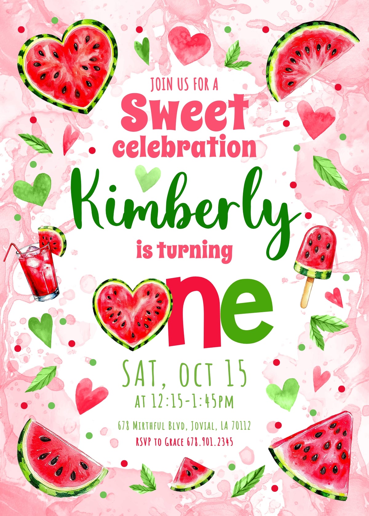 Watermelon Hearts First Birthday Invitation - Editable 5×7