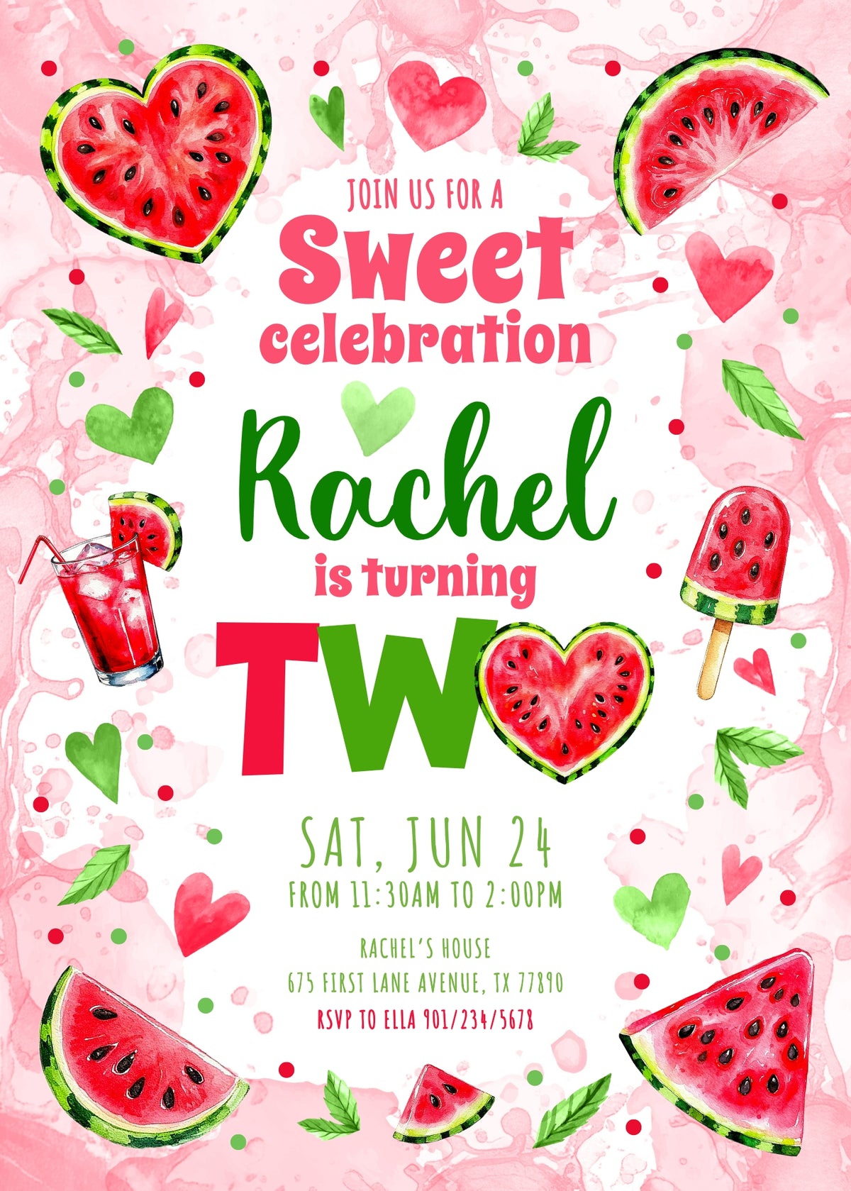 Two Sweet Watermelon Hearts Second Birthday Invitation - Editable 5×7