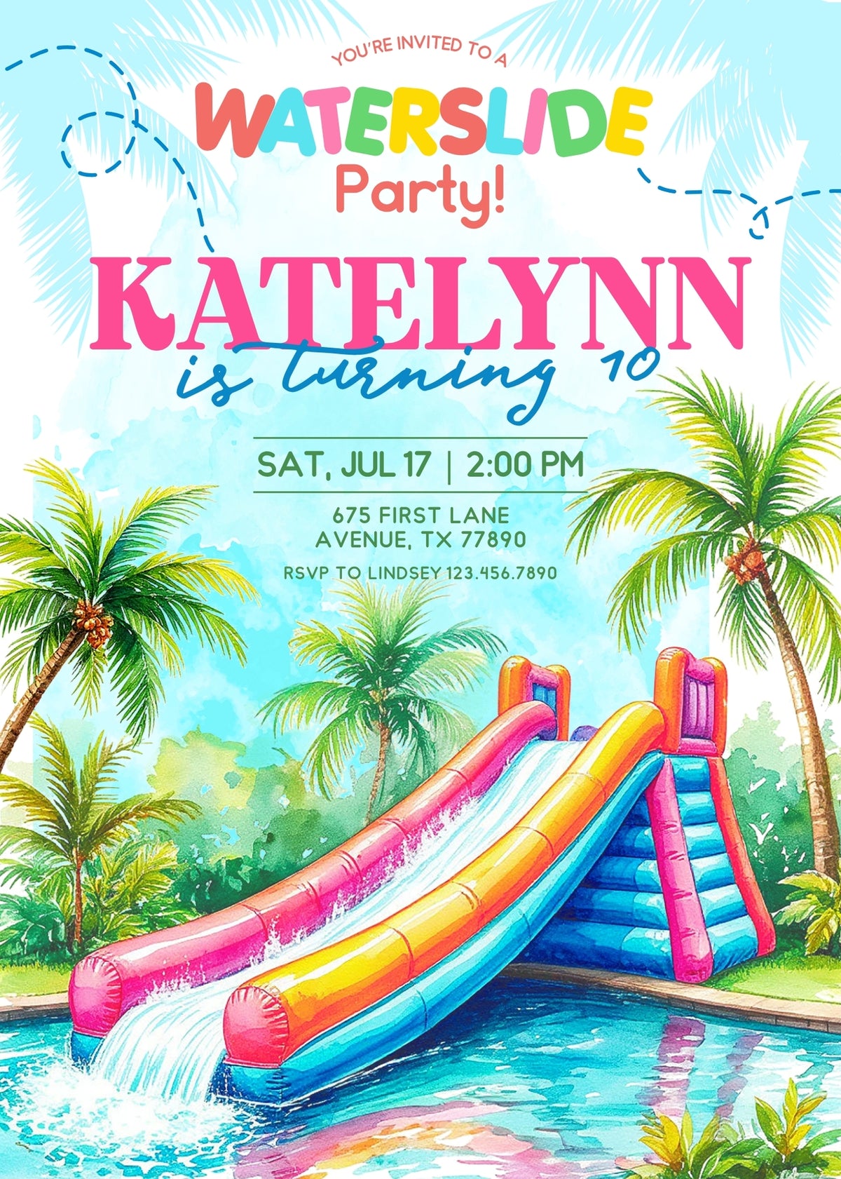 Tropical Rainbow Waterslide Birthday Invitation - Editable 5×7