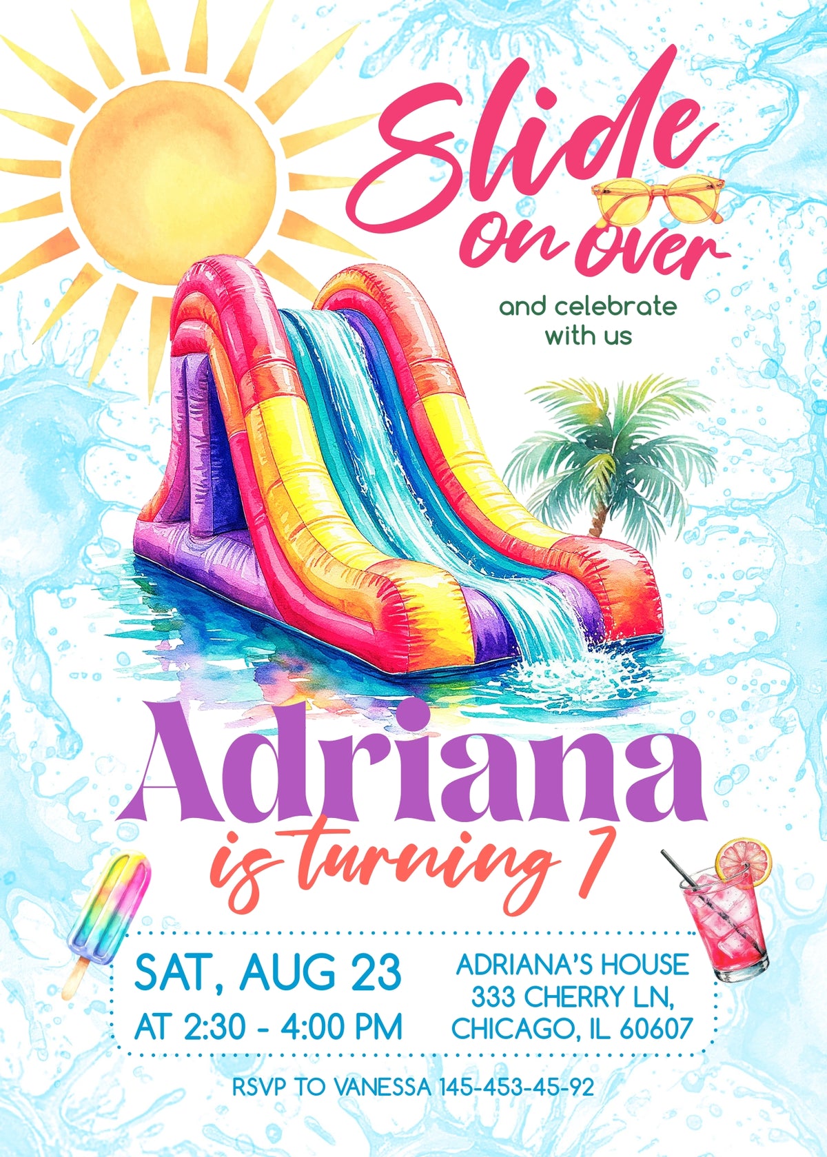 Slide on Over Sunshine Waterslide Birthday Invitation - Editable 5×7