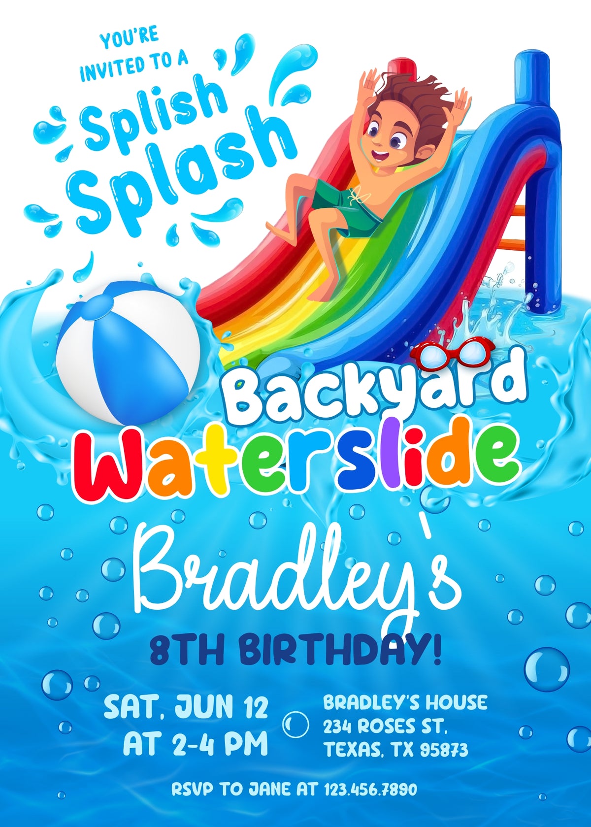 Backyard Waterslide Splash Birthday Invitation; editable 5×7-inch invitation front preview.