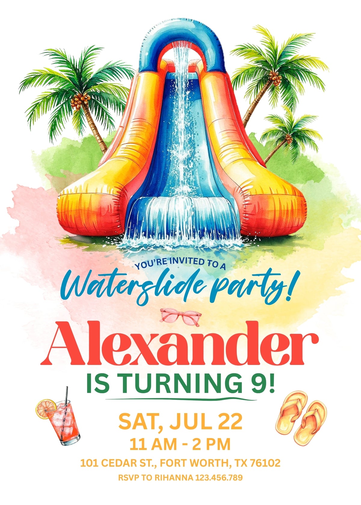 Tropical Inflatable Waterslide Birthday Invitation; editable 5×7-inch invitation front preview.
