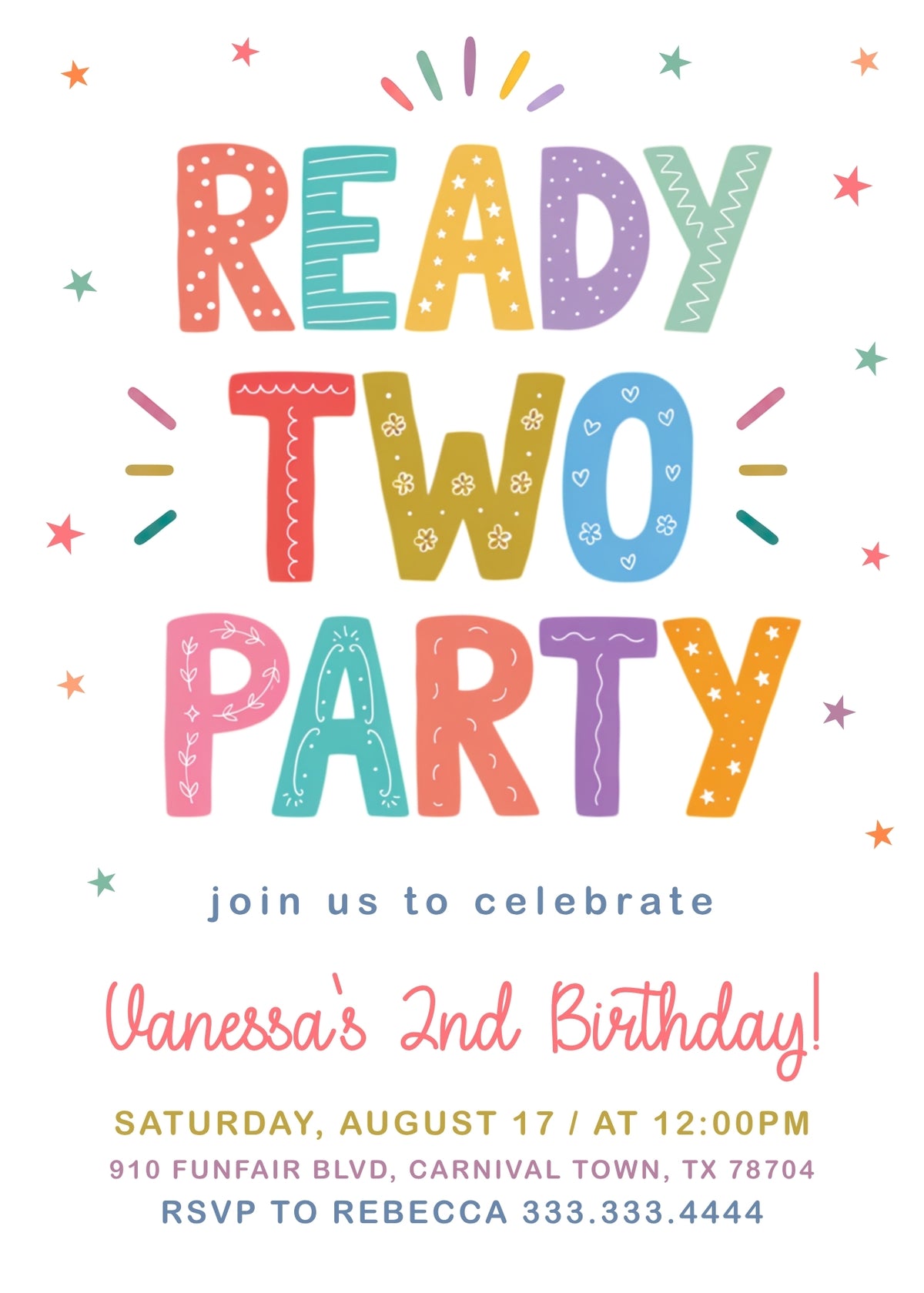 Ready Two Party Confetti Lettering Birthday Invitation; editable 5×7-inch invitation front preview.