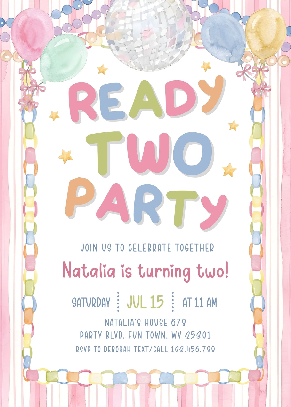 Ready Two Party Disco Ball Birthday Invitation; editable 5×7-inch invitation front preview.