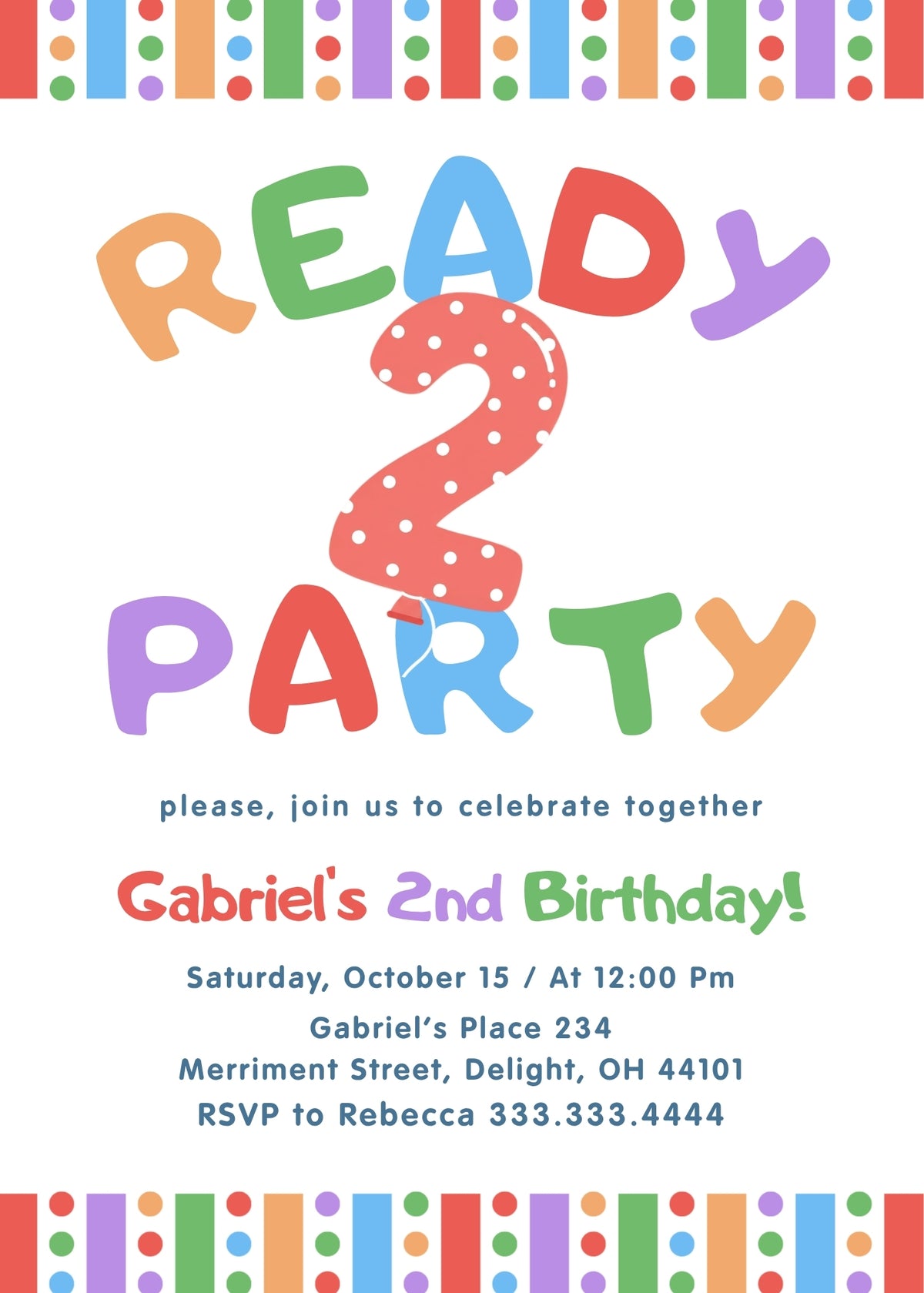 Ready Two Party Polka-Dot Birthday Invitation; editable 5×7-inch invitation front preview.