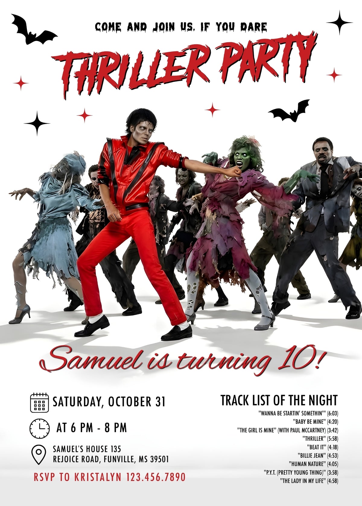 Thriller Zombie Dance Birthday Invitation; editable 5×7-inch invitation front preview.