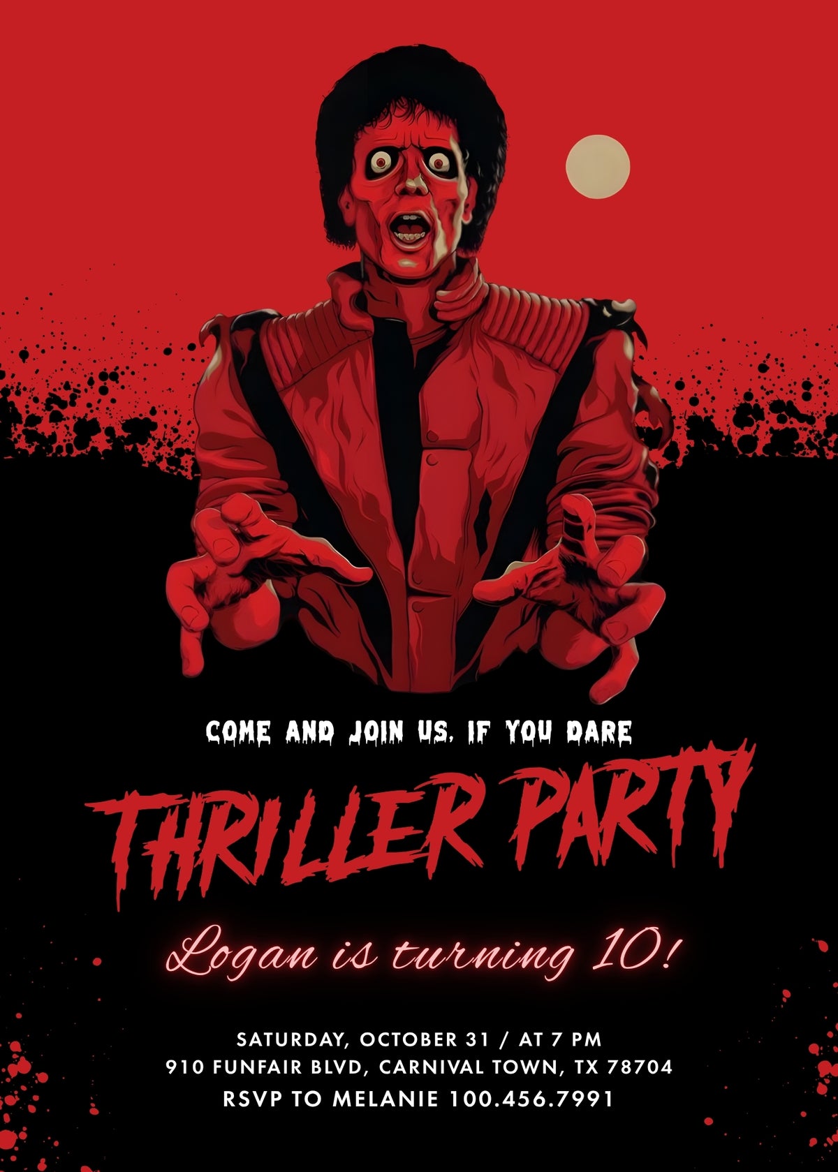 Thriller Red Zombie Portrait Birthday Invitation; editable 5×7-inch invitation front preview.