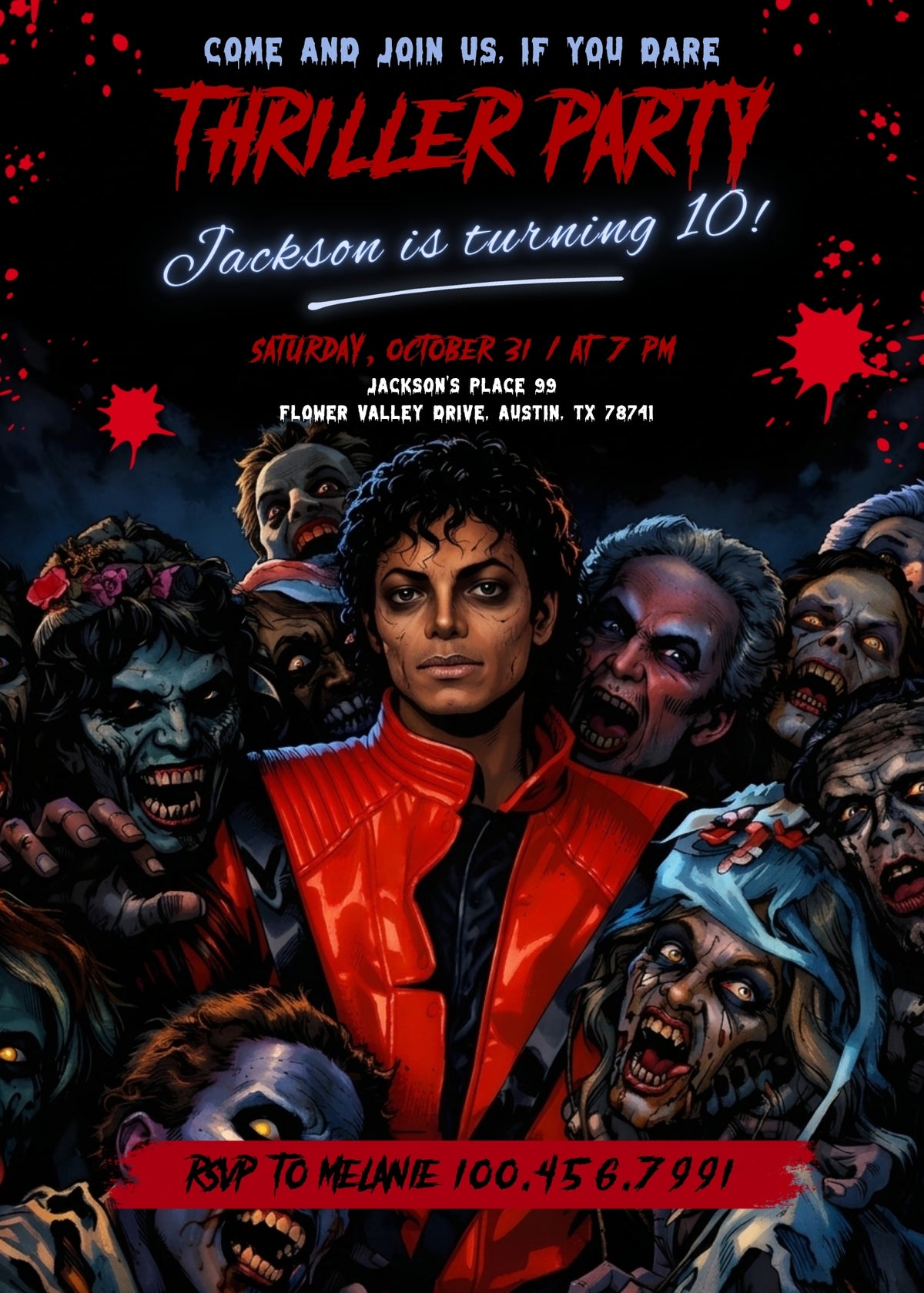Thriller Zombie Crowd Birthday Invitation; editable 5×7-inch invitation front preview.