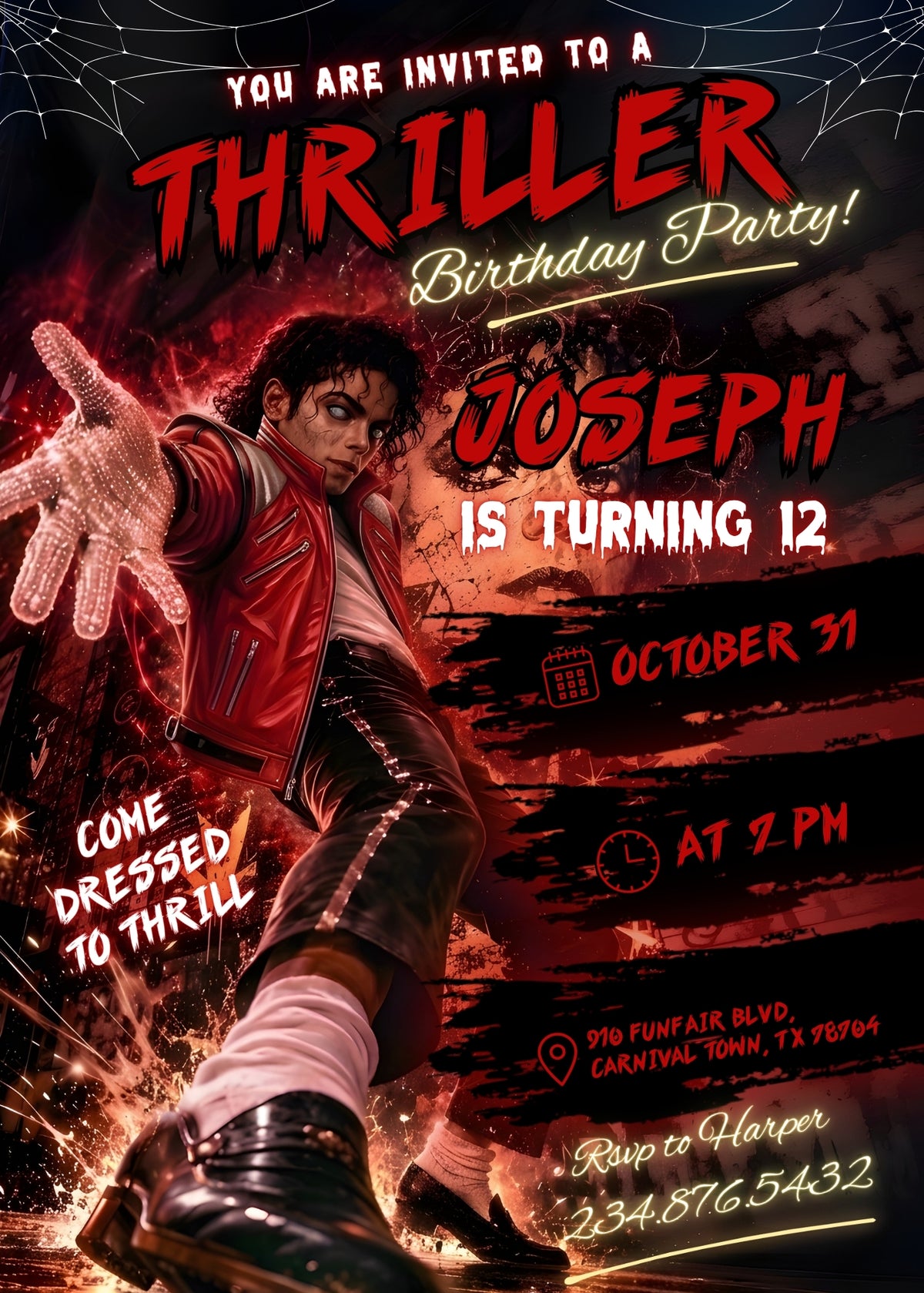 Thriller Red Jacket Birthday Invitation; editable 5×7-inch invitation front preview.