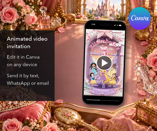Disney Princess Pink Castle Arch Animated Fifth Birthday Invitation mockup