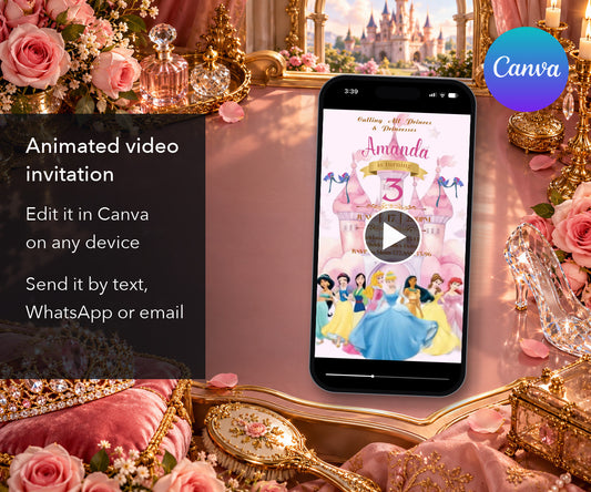 Disney Princess Pink Castle Dance Animated Third Birthday Invitation mockup