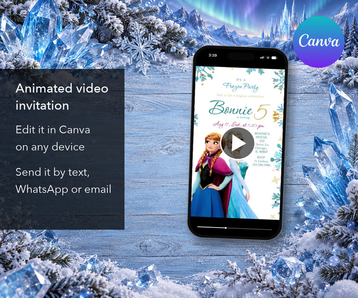 Frozen Snowflake Gold Frame Animated Fifth Birthday Invitation | Canva ...