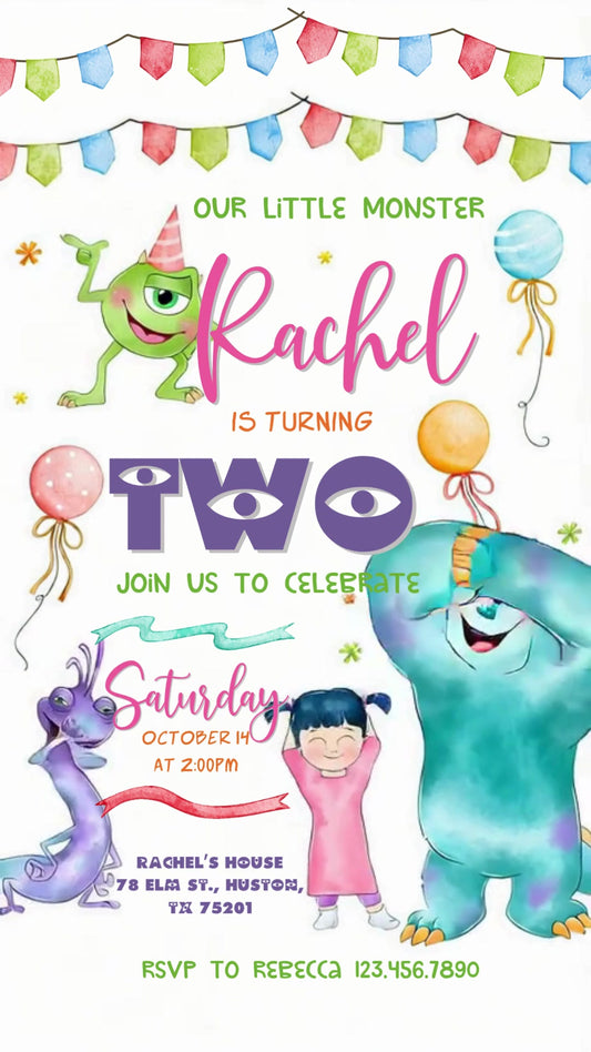 Monsters Inc Two Birthday Animated Invitation | Editable Canva Video