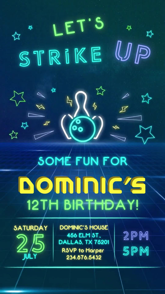 Neon Bowling Animated Birthday Invitation | Editable Canva Video