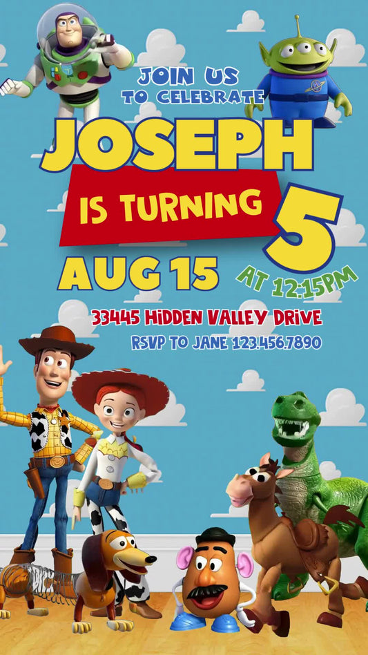 Toy Story Blue Clouds Animated Birthday Invitation | Editable Canva Video