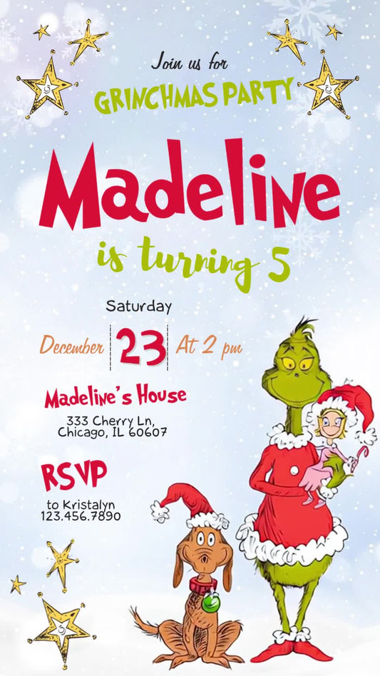 Grinch Snowy Grinchmas Animated Birthday Invitation | Editable Canva Video
